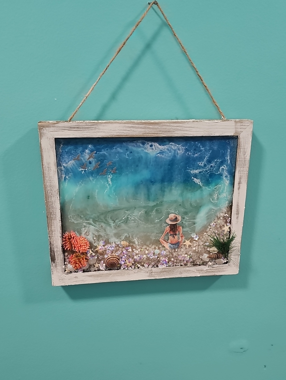 Coastal Beach Scene Wall Art - Blue & Teal Resin Framed Print